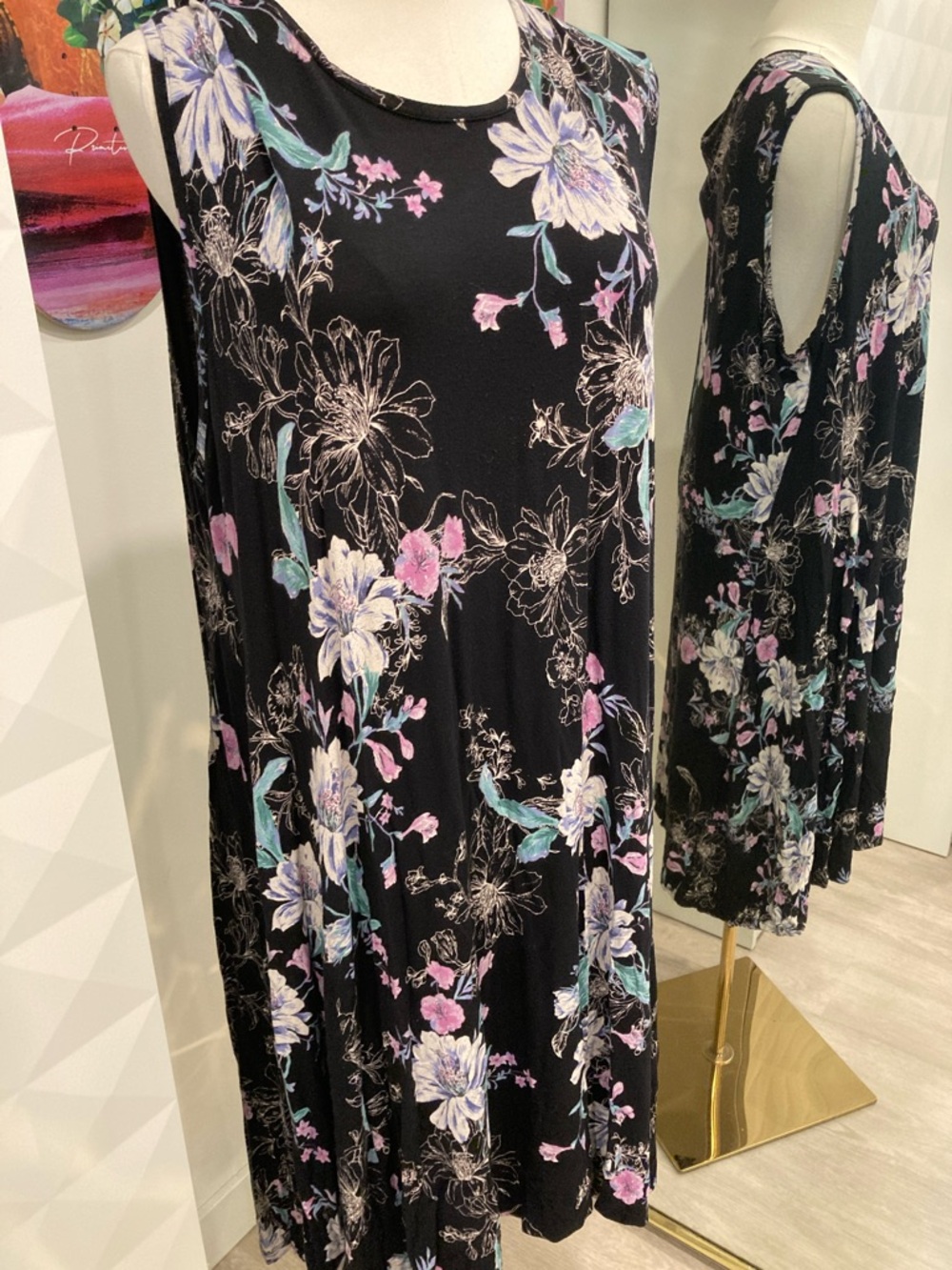 Style & Co. Black Floral Tank Dress with Pastel Accents